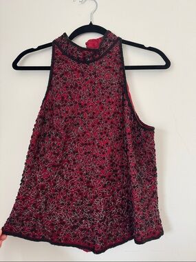 Vintage Red Beaded Sleeveless Halter Top